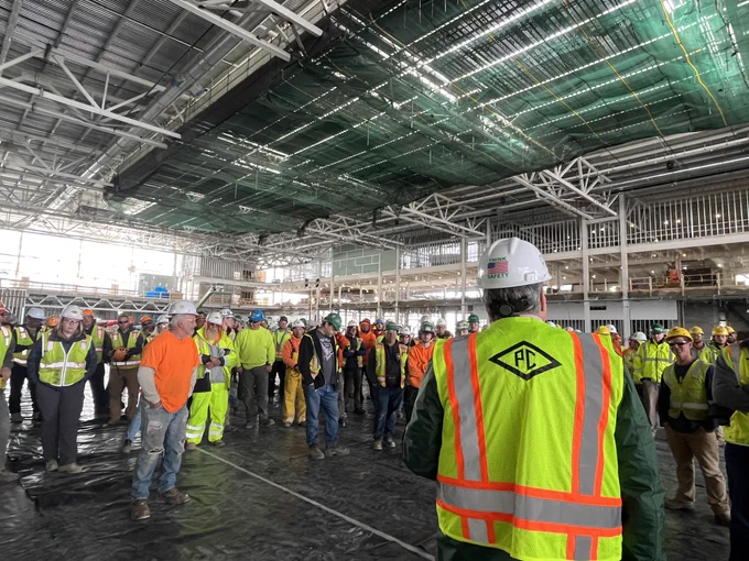 UVM Cancer Center talks sun safety and cancer prevention at Beta Technology new manufacturing facilities to PC construction workers.