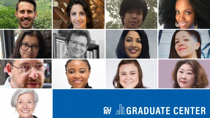 13 headshots of participants in the 2023 dissertation showcase in a grid with the CUNY Graduate Center logo.