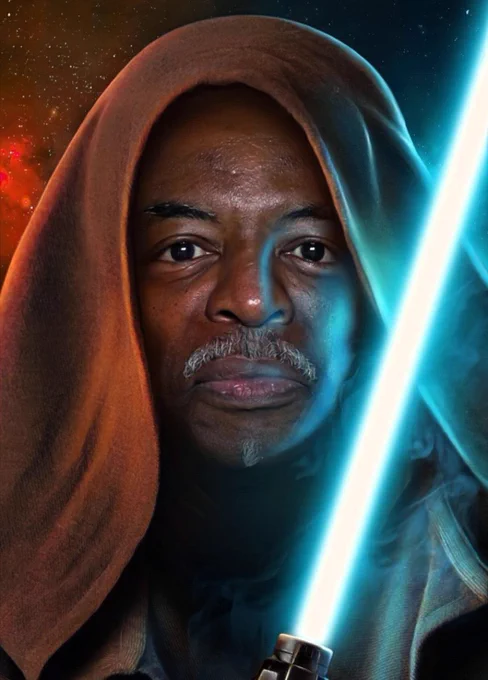 A medium close-up of LeVar in Jedi robes. He holds a light saber and the blue-white light reflects off his cheek.