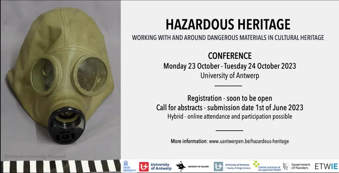 gas mask on left with conference info on the right