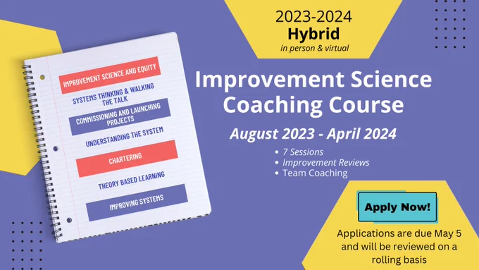 2023-2024 Hybrid, in person and virtual. Improvement science coaching course. August 2023-April 2024. 7 sessions, improvement reviews, team coaching. Apply Now! Applications are due May 5 and will be reviewed on a rolling basis