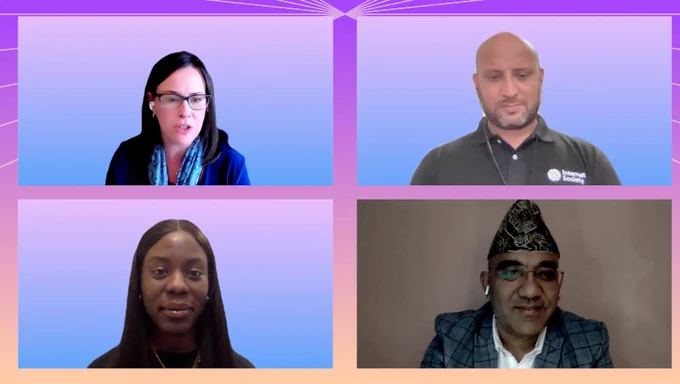 Grid of four video screens including Sally Wentworth, Naveed Haq, Uffa Modey, and Bikram Shrestha.