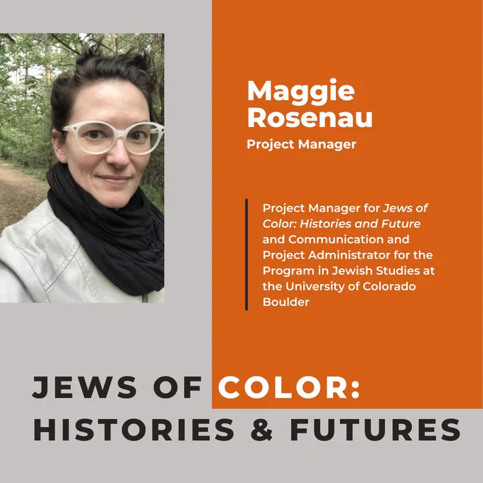 Light grey and dark, orange-colored graphic with image of Rosenau and list of professional titles