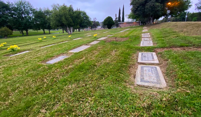 Part of a cemetary with a gentle slope and grave markers flush wiht the ground.