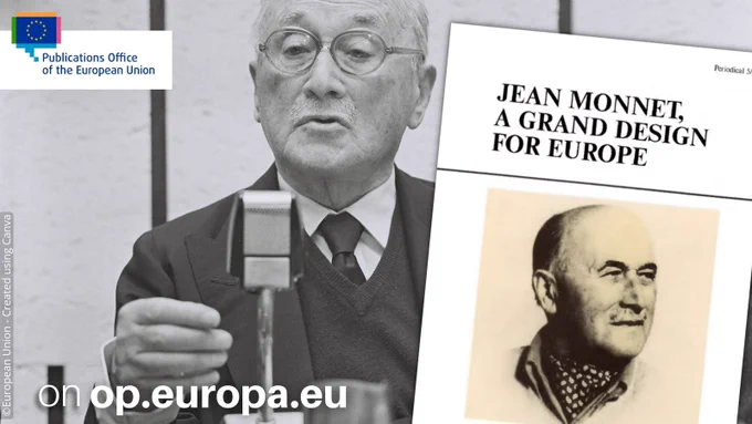 On the left we see an archives photo of Jean Monnet. On the right we see the coverpage of the publication 'Jean Monnet: A grand design for Europe'.