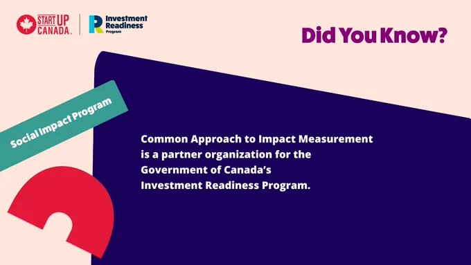 Colourful creative with a blue band that reads Common Approach to Impact Measurement is a partner organization for the Government of Canada’s Investment Readiness Program