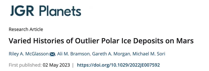 Screenshot from journal website with info including journal name (JGR-Planets), paper title (Varied histories of outlier polar ice deposits on Mars), author list (McGlasson, Bramson, Morgan, and Sori), first published on May 2, 2023 and doi url of https://doi.org/10.1029/2022JE007592.