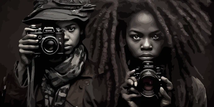 In this black and white photograph, two young Black women hold cameras and stare intently. The woman on the left is wearing a hat, a camouflage scarf, and a jacket. She holds the camera with her right hand; the camera partially obscures her face. The woman on the right has dreadlocks and is holding the camera with both hands just below her chin. 