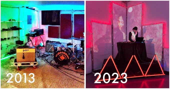 Left image shows a photo of guitar amplifiers, drum set and a wash of lime green and blue lighting with the text 2013. Right image shows DJ DeafWish performing on a raised stage with LED tube lights in the shape of 3 triangles. Behind him is a pyramid of squares featuring projection mapping. The text says 2023.