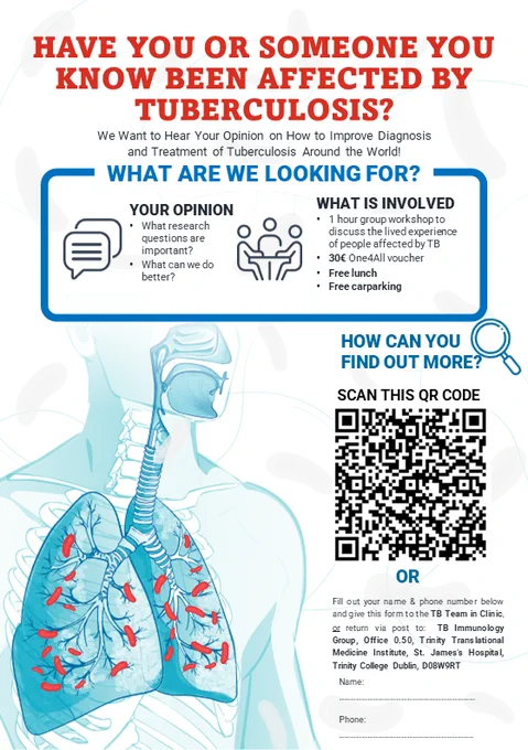 A poster looking to recruit people who have had Tuberculosis or who knows someone who's had Tuberculosis for research. The poster is a picture of someone with lungs full of bacteria. The poster asks for the opinion of people who have been affected with tuberculosis about how to improve diagnosis and treatment of tuberculosis around the world and contains a QR code linking to a form to be filled out. Link also available in tweet.