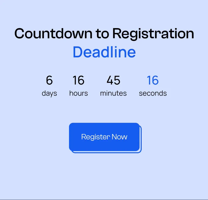 Text on image reads : Countdown to registration Deadline
6 days, 16 hours, 45 minutes, 16 seconds
Register Now