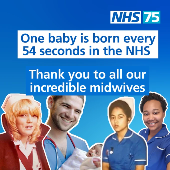 Graphic with four NHS midwives from throughout the years in their uniform. Text reads: 'One baby is born every 54 seconds in the NHS. Thank you to all our incredible midwives.' 