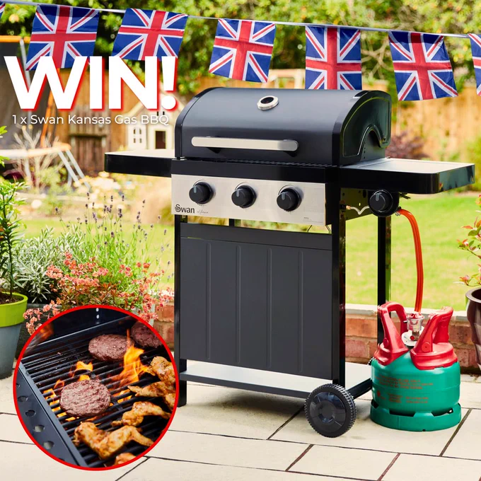 Image of the Swan Kansas Gas BBQ with Union Jack bunting and text saying WIN!
