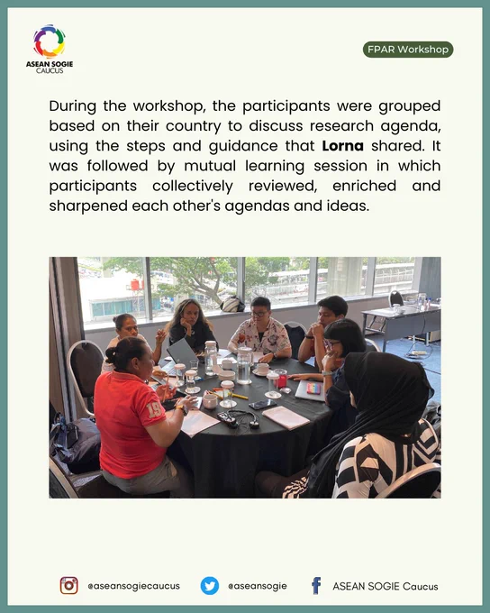 During the workshop, the participants were grouped based on their country to discuss research agenda, using the steps and guidance that Lorna shared. It was followed by mutual learning session in which participants collectively reviewed, enriched and sharpened each other's agendas and ideas.