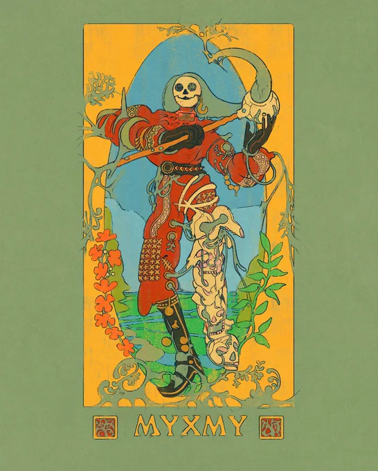 an art nouveau-ish depiction of a figure wearing ornate clothes. against a yellow and green background. Hey! Wait a minute, that's no person, its a bunch of clothes, trinkets, and skulls formed into a person, held together by slime mold that seeps out through various areas. Their head is a skull, and the fascimile of hair arches out and through their staff. an oval window features mountain scenery