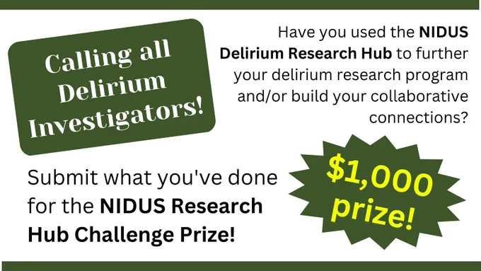 NIDUS Delirium Research Hub Challenge graphic with details about the competition and prize.