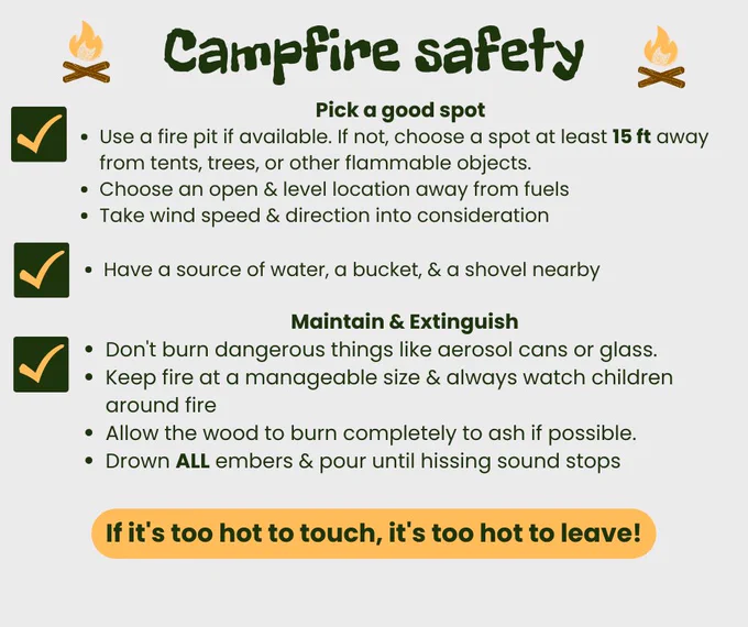 Campfire Safety. Pick a good spot 
Use a fire pit if available. If not, choose a spot at least 15 ft away from tents, trees, or other flammable objects. Choose an open & level location away from fuels. Take wind speed & direction into consideration

Have a source of water, a bucket, & a shovel nearby.
Maintain & Extinguish
Don't burn dangerous things like aerosol cans or glass. 
Keep fire at a manageable size & always watch children around fire.
Allow the wood to burn completely to ash if possible. Drown ALL embers & pour until hissing sound stops.

If it's too hot to touch, it's too hot to leave!