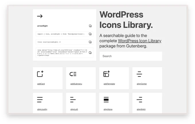 Screenshot of the WordPress Icons Library landing page. Tagline: "A searchable guide to the complete WordPress Icon Library package from Gutenberg."