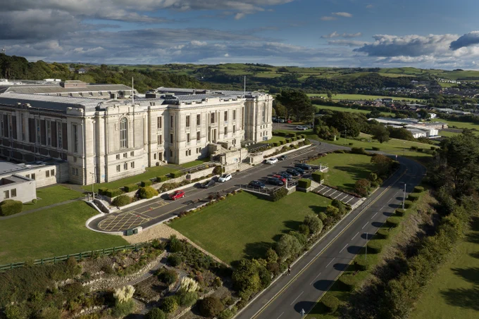 An aerial photography of the National Library of Wales, Aberystwth, on a warm sunny spring afternoon. 