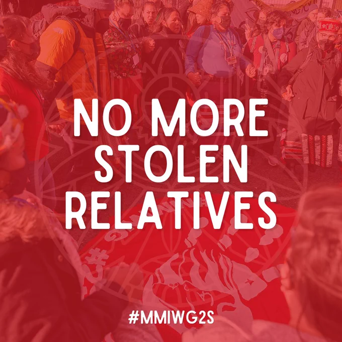 MMIWG2S demonstration at COP27 with a transparent red overlay, and text that reads: "No more stolen relatives. #MMIWG2S"