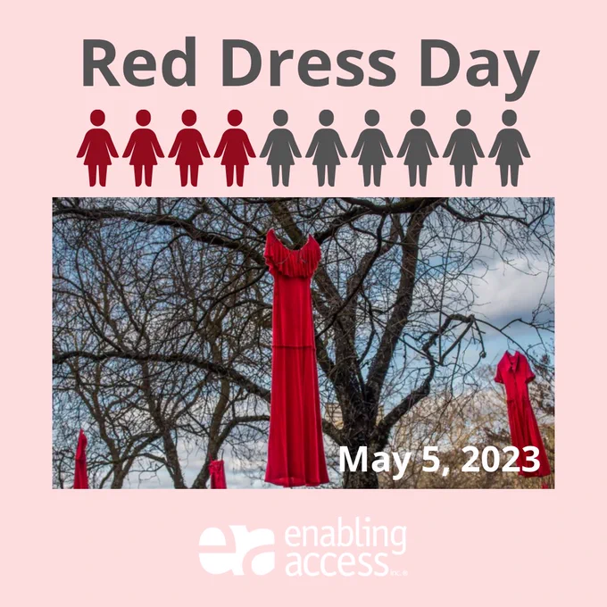 [Image Description: photo of red dresses hanging in trees with blank text on pink background "Red Dress Day, May 5th 2023" female icons in red and grey to represent missing and murdered indigenous women]p