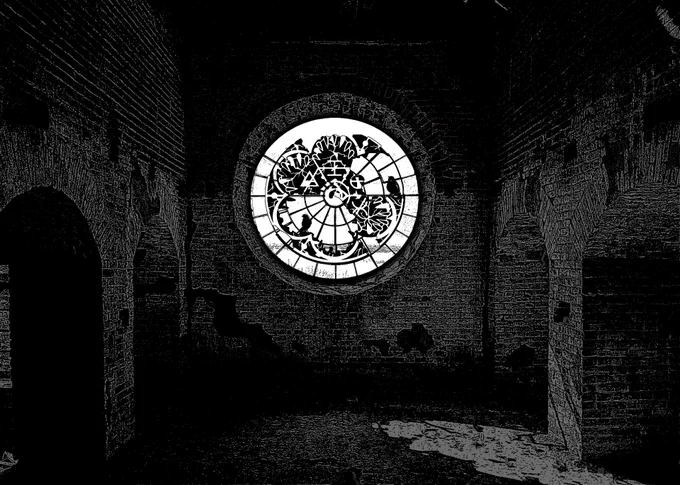 [Description: the Silt Verses logo / Wither Mark can be seen as part of a shattered window in a ruined and abandoned church. A pair of birds perch on the broken frame.]