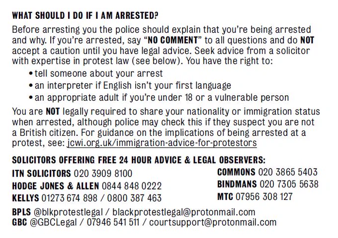 IF YOU ARE ARRESTED
Before arresting you, the police should explain that you’re being arrested, what offence, and why. If you’re arrested, say “no comment” to all questions and do NOT accept a caution until you have legal advice. Seek advice from a solicitor with expertise in protest law (see below). You have the right to:
•	Tell someone about your arrest
•	An interpreter if English isn’t your first language
•	An appropriate adult if you’re under 18 or a vulnerable person

You are not legally required to share your nationality or immigration status when arrested, although police may check this if they suspect you’re not a British citizen.

For guidance on the implications of being arrested at a protest, see jcwi.org.uk/immigration-advice-for-protesters

SOLICITORS OFFERING FREE 24 HOUR ADVICE:
ITN solicitors 020 3909 8100
Hodge Jones & Allen 0844 848 0222
Kellys 01273 674 898 / 0800 387 463
MTC 07956 308 127
Bindmans 020 7305 5638
Commons 020 3865 5403

LEGAL OBSERVERS & OTHER SUPPORT: