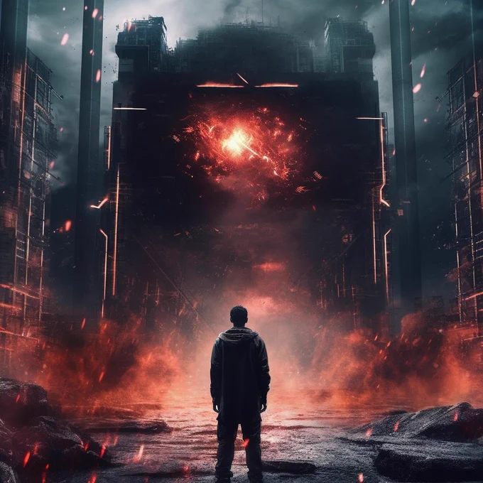 Nightmare like scene with ai fighting reality. Dystopian background. –v 5.1