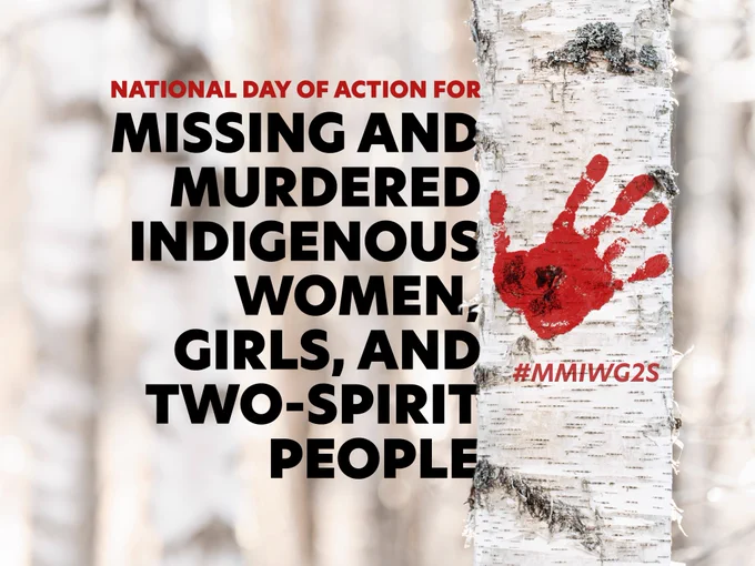 Image of a tree with a red handprint and the words: National Day of Action for Missing and Murdered Indigenous Women, Girls, and Two-spirited People