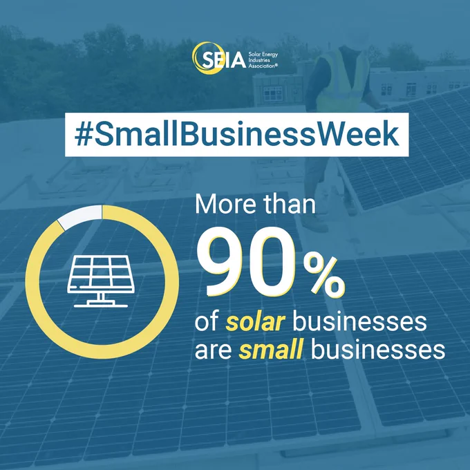 A blue graphic reads "#SmallBusinessWeek More than 90% of solar businesses are small businesses" 