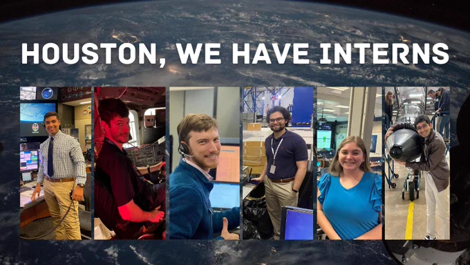 A graphic with six interns posing and smiling in thin vertical slices. The background of the image is the muted grey surface of the Moon. Above the interns, the text reads "Houston, we have interns". 

Credit: NASA/Dominique Crespo