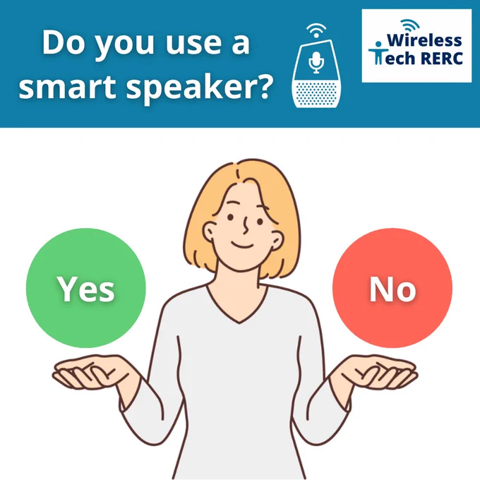 Woman holding hands out with two options. Reads: Do you use a smart speaker? Green circle options: yes; red circle option: no.