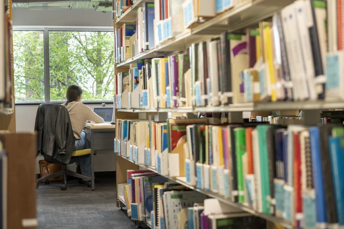 In the foreground are shelves of books. In the background, a student is sat at a desk with a laptop. Behind them is a window with trees outside.