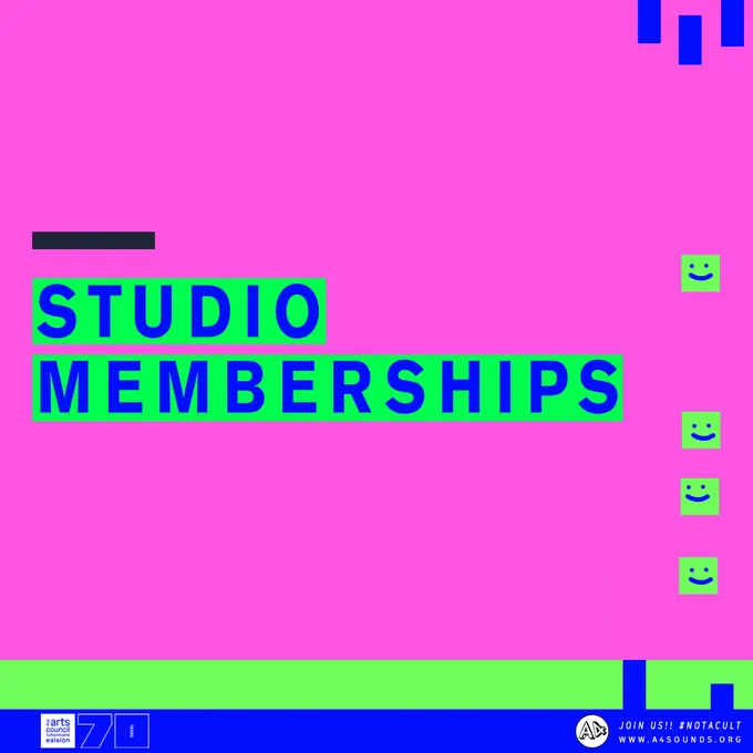 Bright pink background
Studio Memberships in blue wring on a green background
Square smiley faces on the right hand side