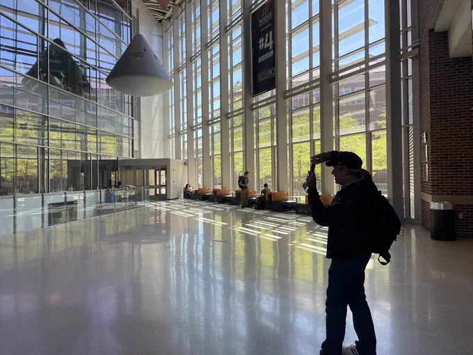 Team member Fabrizio taking pictures of the mock Apollo capsule on Purdue’s campus