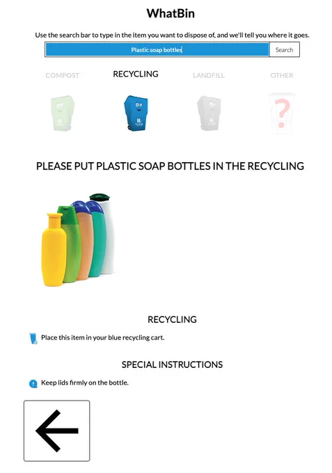 Recology page showing that you should recycle plastic soap bottles with lids on