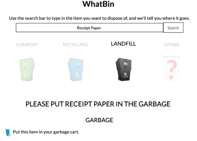 Recology page showing that you should put receipt paper in the garbage
