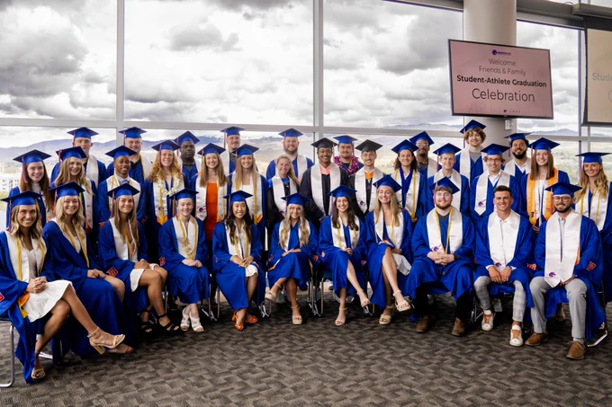The Class of 2023 posing inside the Stueckle Sky Center. 