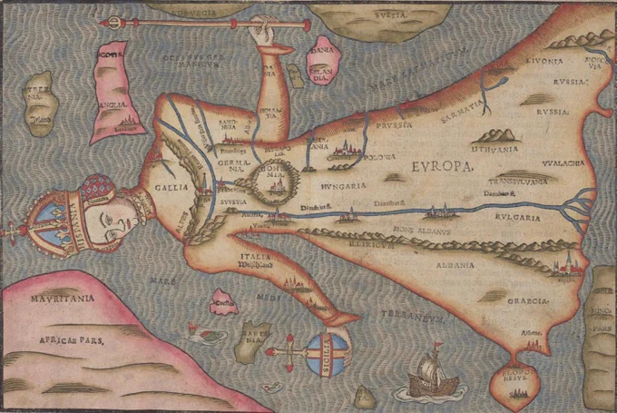 Map in the shape of a queen. Rotated 90 degrees so country names are visible and shape more closely refereneces the outline of Europe.