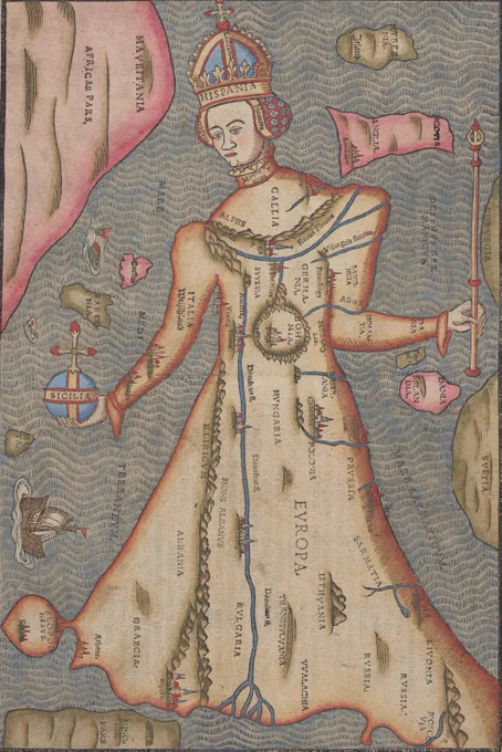 Colourful illustration of a map in the shape of a standing queen wearing a crown.