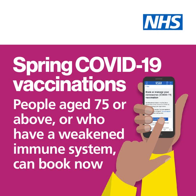 Spring COVID-19 vaccinations People aged 75 or above, or who have a weakened immune system can book now 