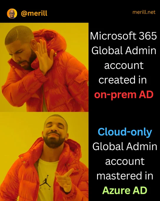 Drake not happy picture when: Microsoft 365 
Global Admin account created in 
on-prem AD

Drake happy picture when: Cloud-only Global Admin account mastered in Azure AD
