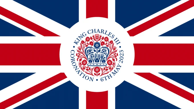 Union Jack with centrally overlain official, free King’s Coronation emblem.