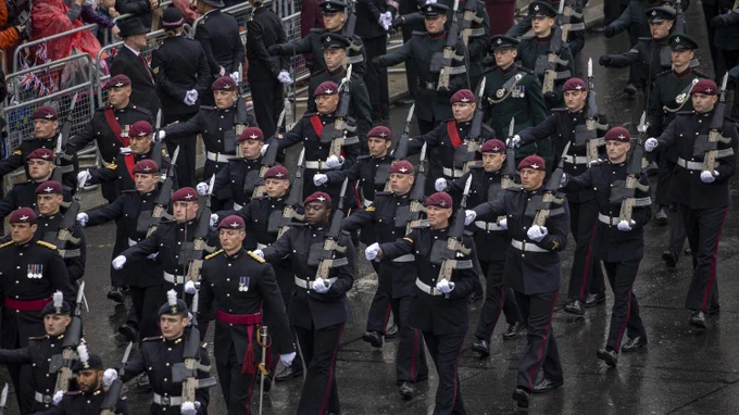 Soldiers from the Royal Welsh, the Parachute Regiment, and the Riles in the Coronation Procession.