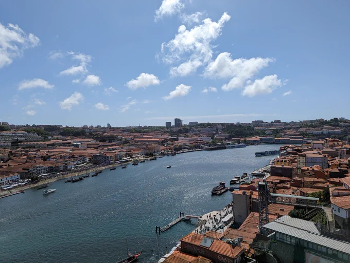 Panoramic view of river and houses from a bridge in Porto 
