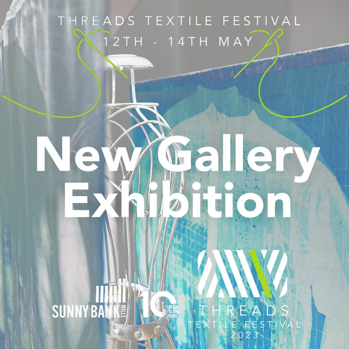 Text says 'New Gallery Exhibition' with a photo of Hannah Lamb's work from the show. 