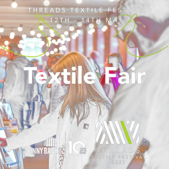 Text says 'Textile Fair' with a photo of visitors at a previous event.
