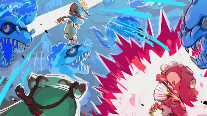 Official Splatoon 3 artwork of Frye, Shiver, and Big Man. Frye is colored blue to represent the Triforce of Wisdom, Shiver is colored red to represent the Triforce of Power, and Big Man is colored green to represent the Triforce of Courage. Frye is attacking with her army of eels at her side while Shiver prepares to fight Big Man.