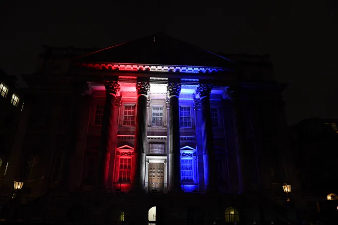 The Mansion House lit up red, white and blue for the Coronation