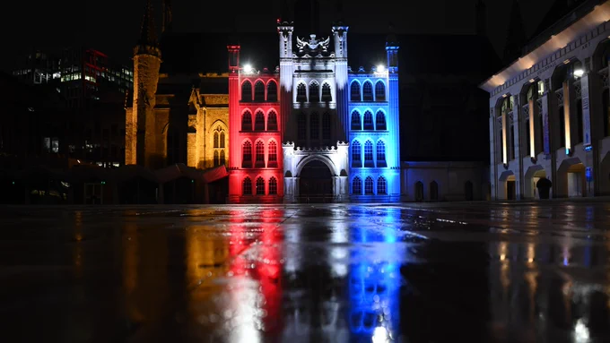 Guildhall lit up red, white and blue for the Coronation